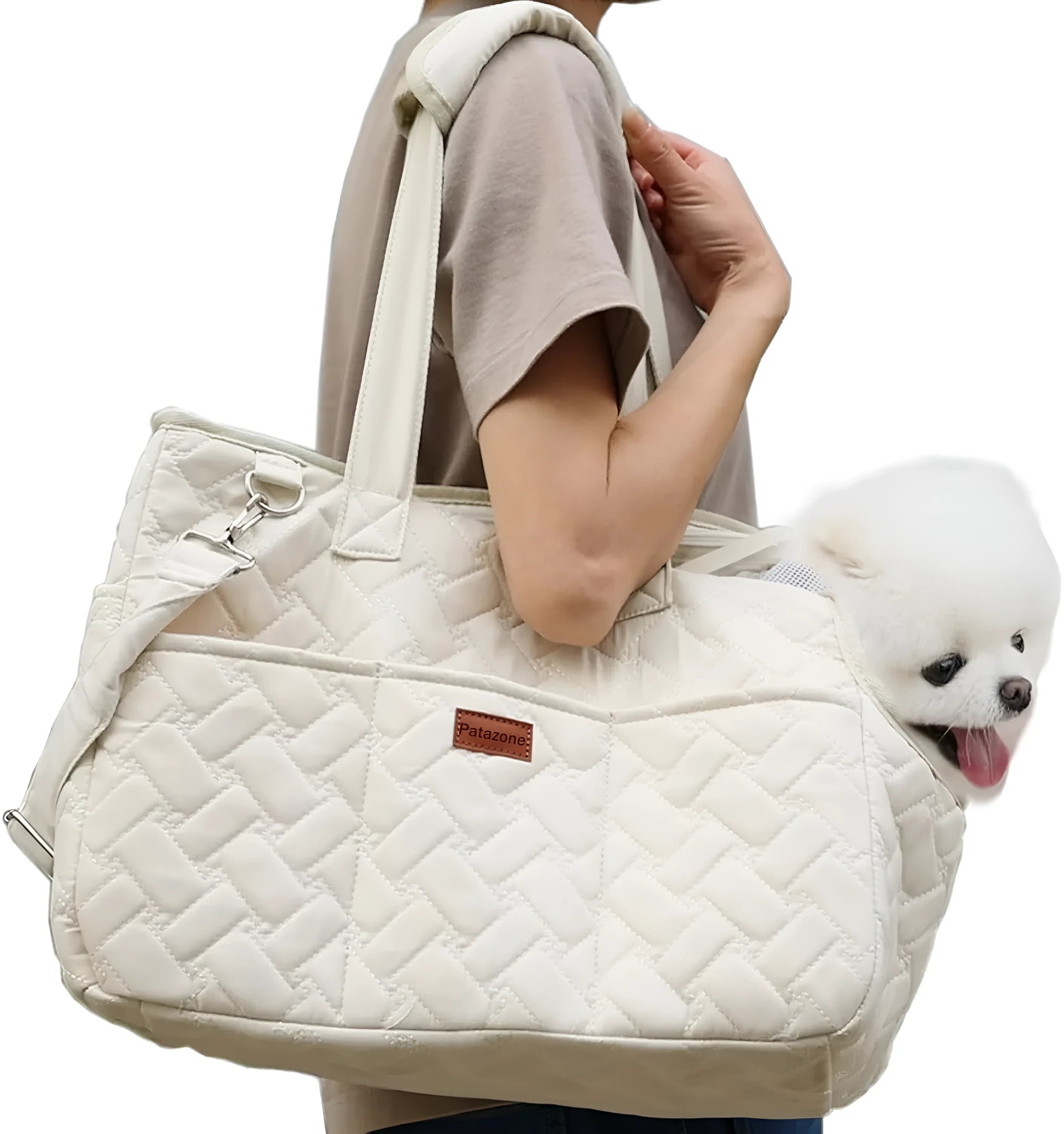 Grey pet carrier handbag with mesh panels and multiple pockets for small dog or cat transport