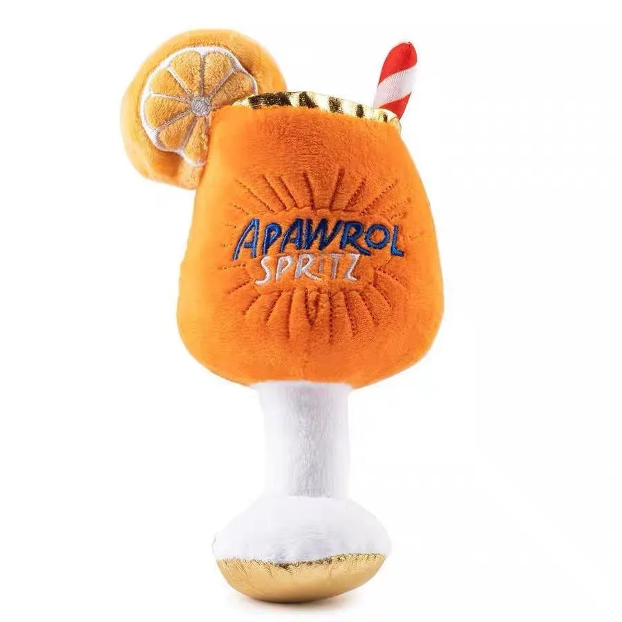 Yellow wine glass shaped plush dog toy with squeaker and teeth-cleaning feature