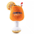 Yellow wine glass shaped plush dog toy with squeaker and teeth-cleaning feature