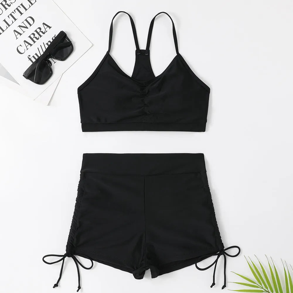 Women's black or purple high waist split swimsuit bikini set with sleeveless top and shorts