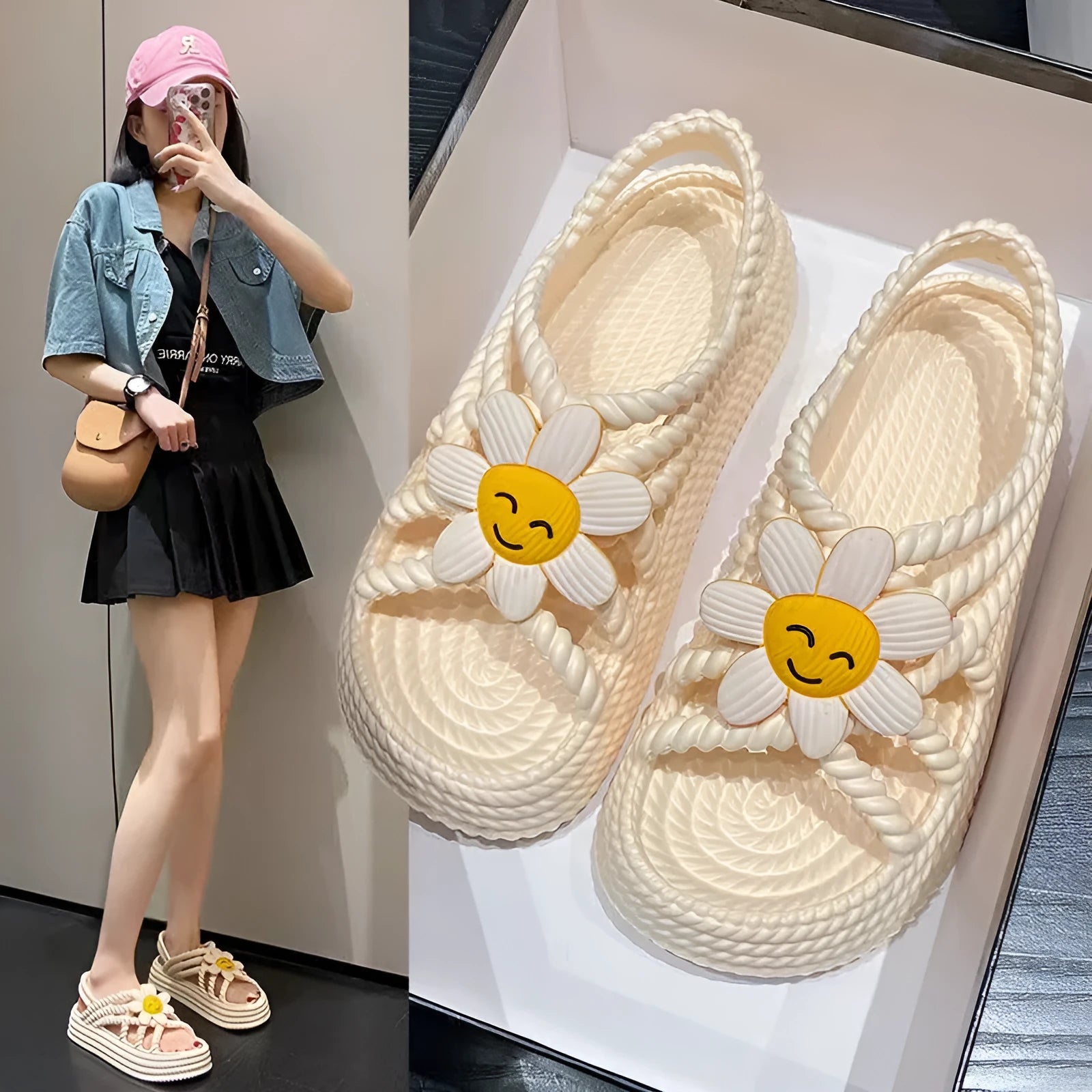 Beige PVC sandals with sunflower pattern and round toe on a non-slip sole.