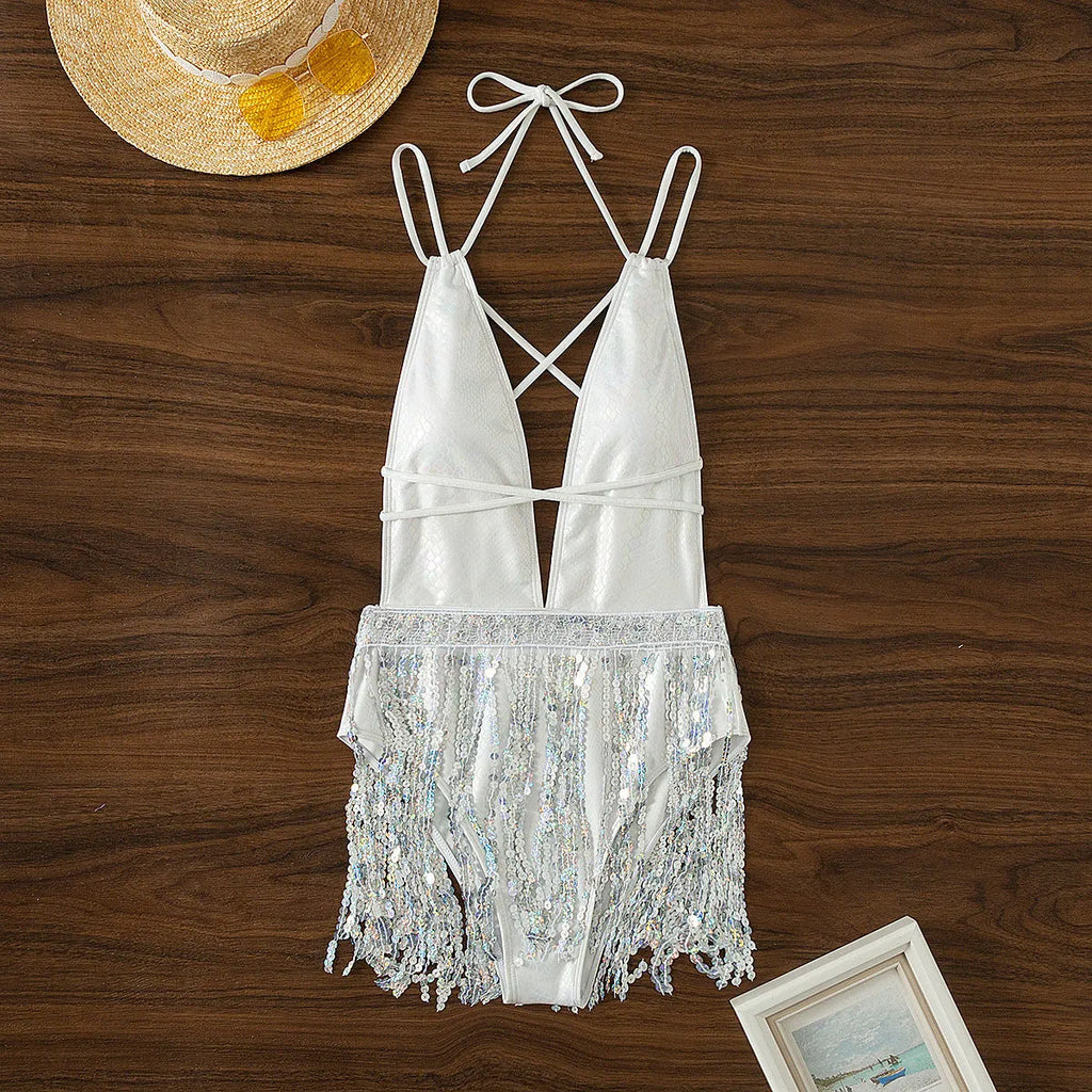 White women's deep V neck one-piece swimsuit with tassel dress attachment