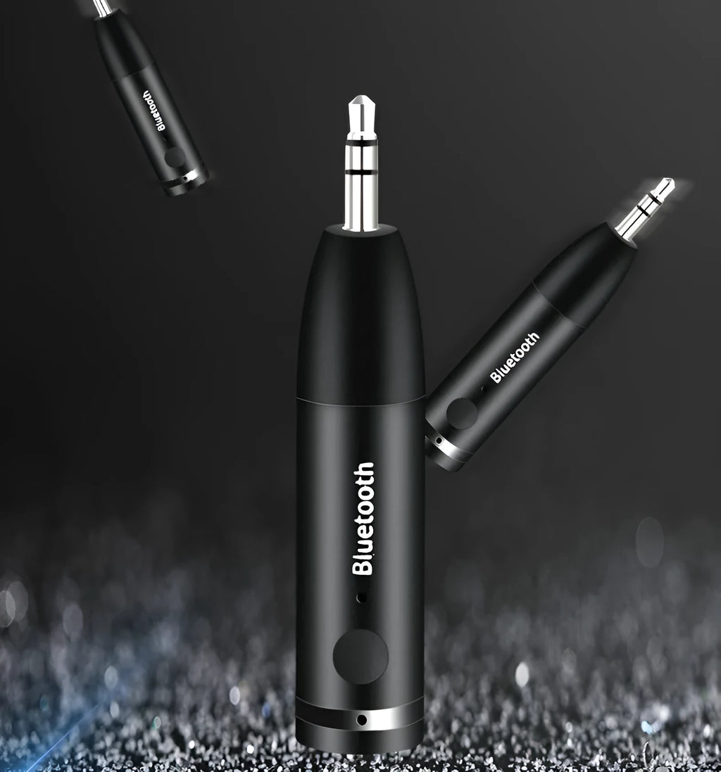 Black Bluetooth car audio receiver with AUX connector for wireless music streaming