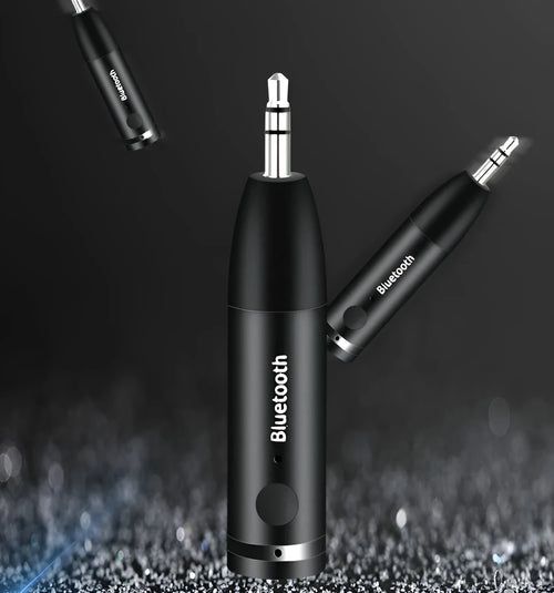 Black Bluetooth car audio receiver with AUX connector for wireless music streaming