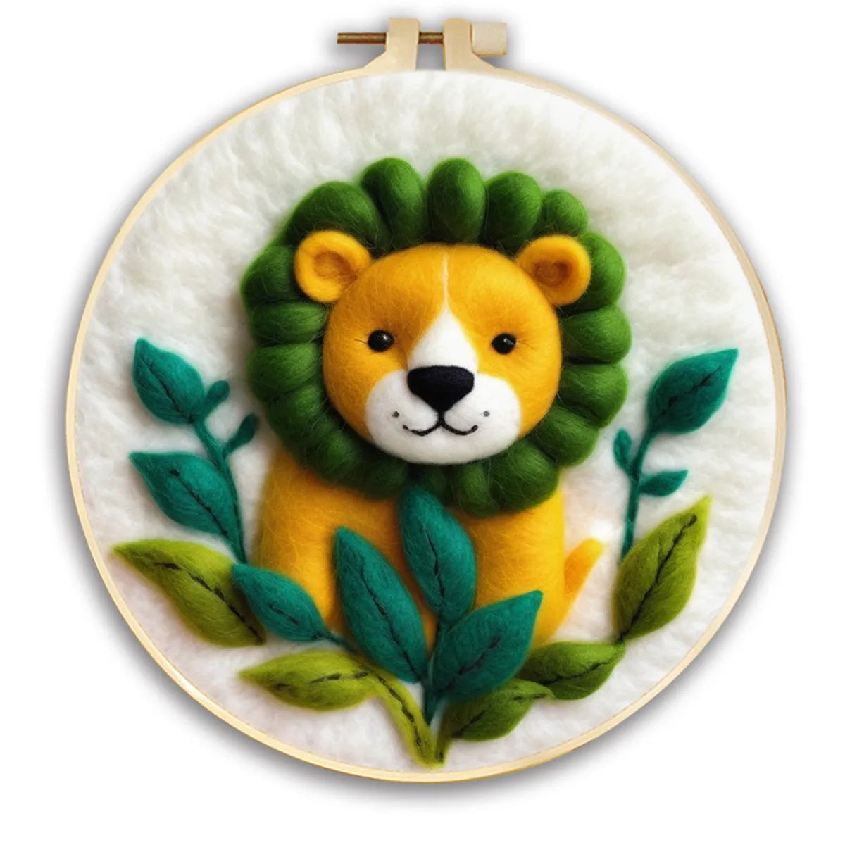 Round linen embroidery kit with wool felt pieces for 3D flowers and leaves, includes a free frame.