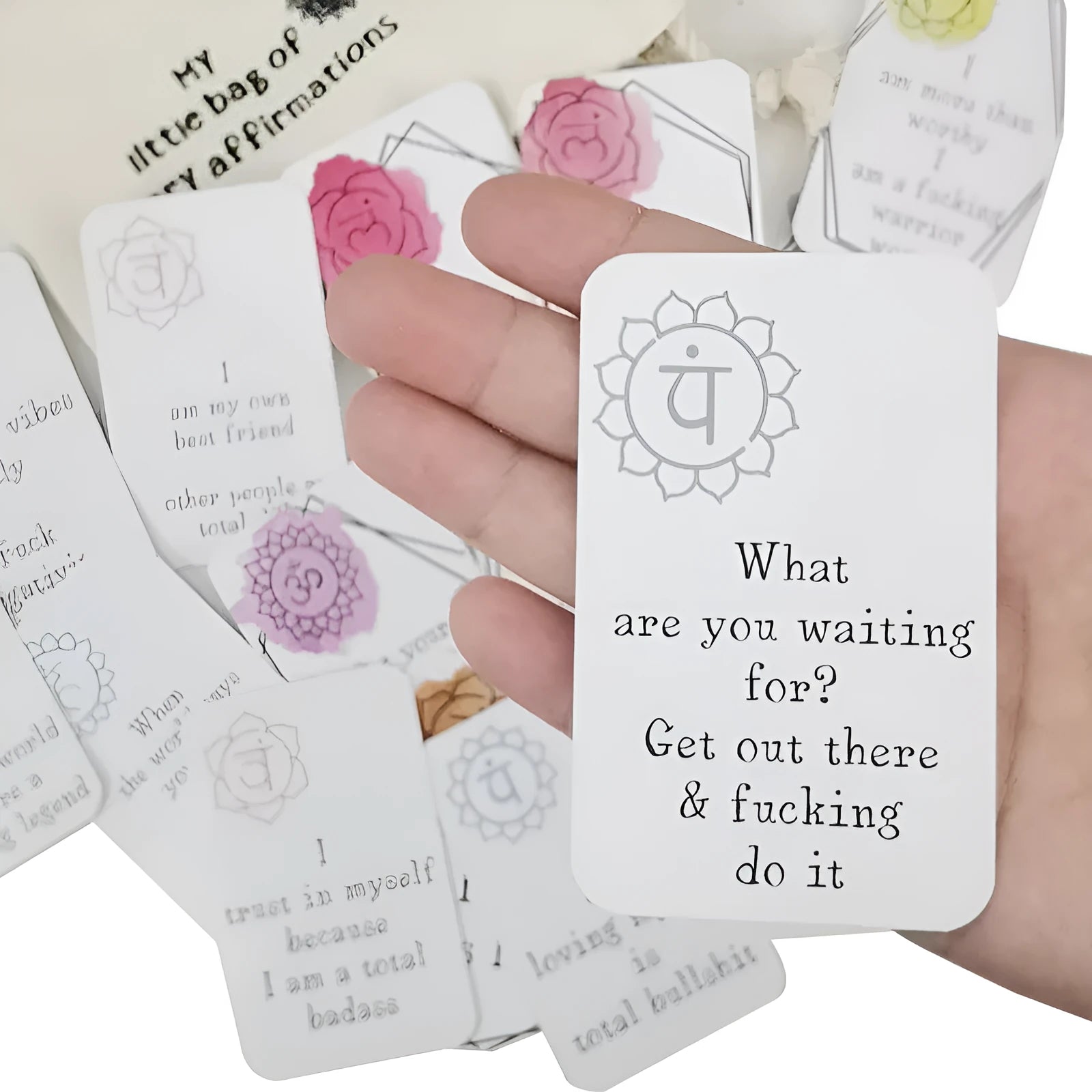 16-piece funny affirmation card set with colourful healing series designs in greeting card bag