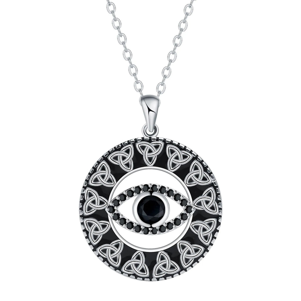 Copper Devil's Eye pendant necklace with cross chain design on display