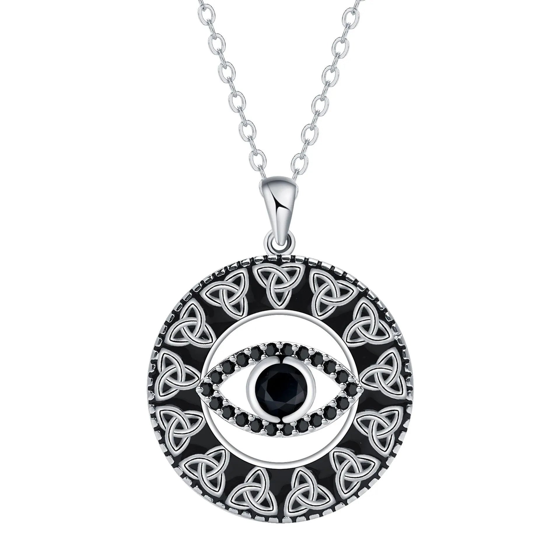 Copper Devil's Eye pendant necklace with cross chain design on display