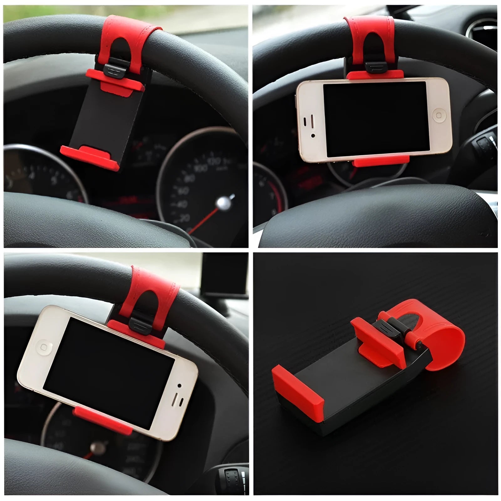 Black steering wheel clip mount holding smartphone for hands-free car use