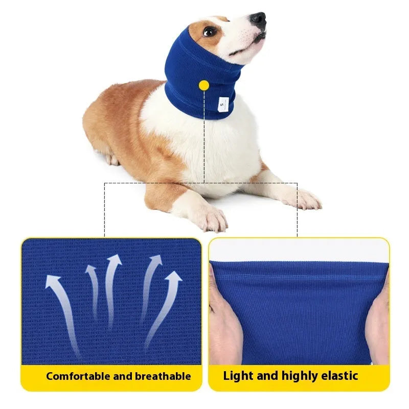 Blue adjustable polyester dog headband scarf tied around a dog's head.