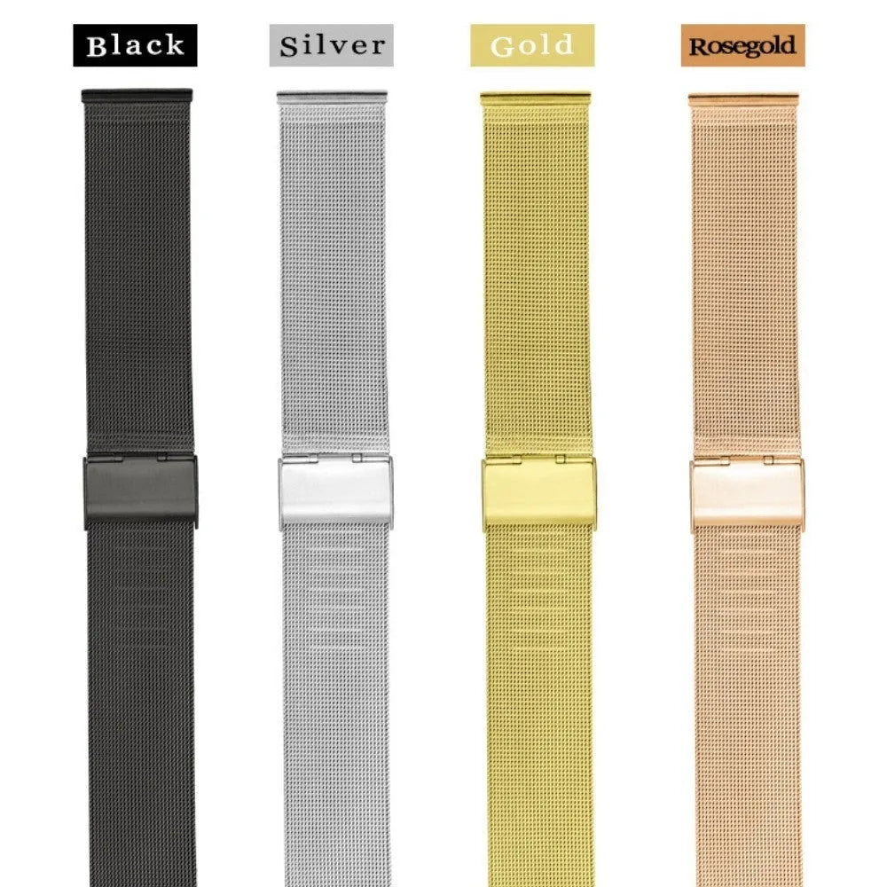 Milani natural style silk woven stainless steel watch band in silver, shown with multiple bandwidth size options.