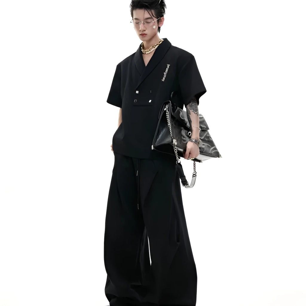 Men's cotton sports suit with V-neck jacket, padded shoulders, metal embellishments and matching shorts