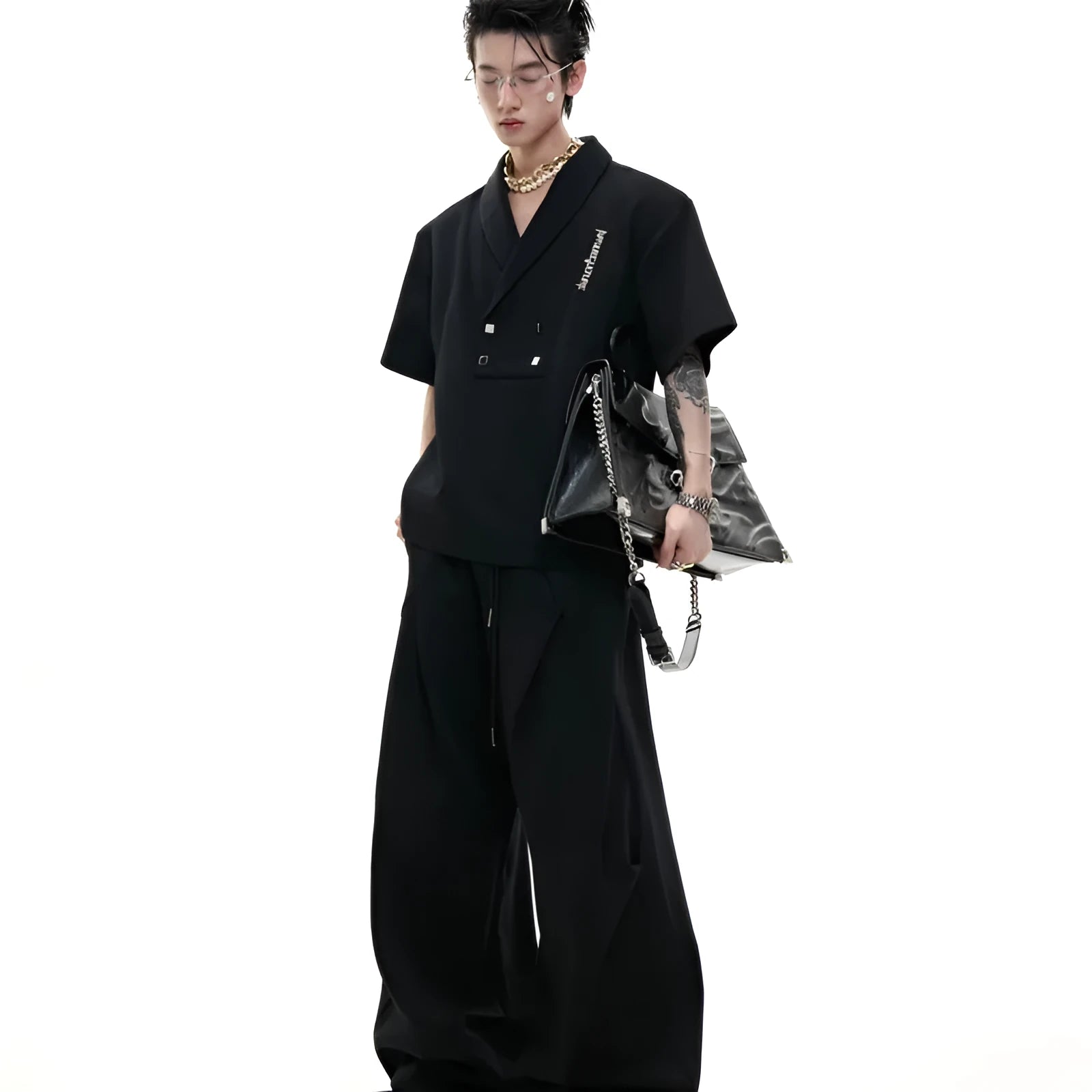 Men's cotton sports suit with V-neck jacket, padded shoulders, metal embellishments and matching shorts