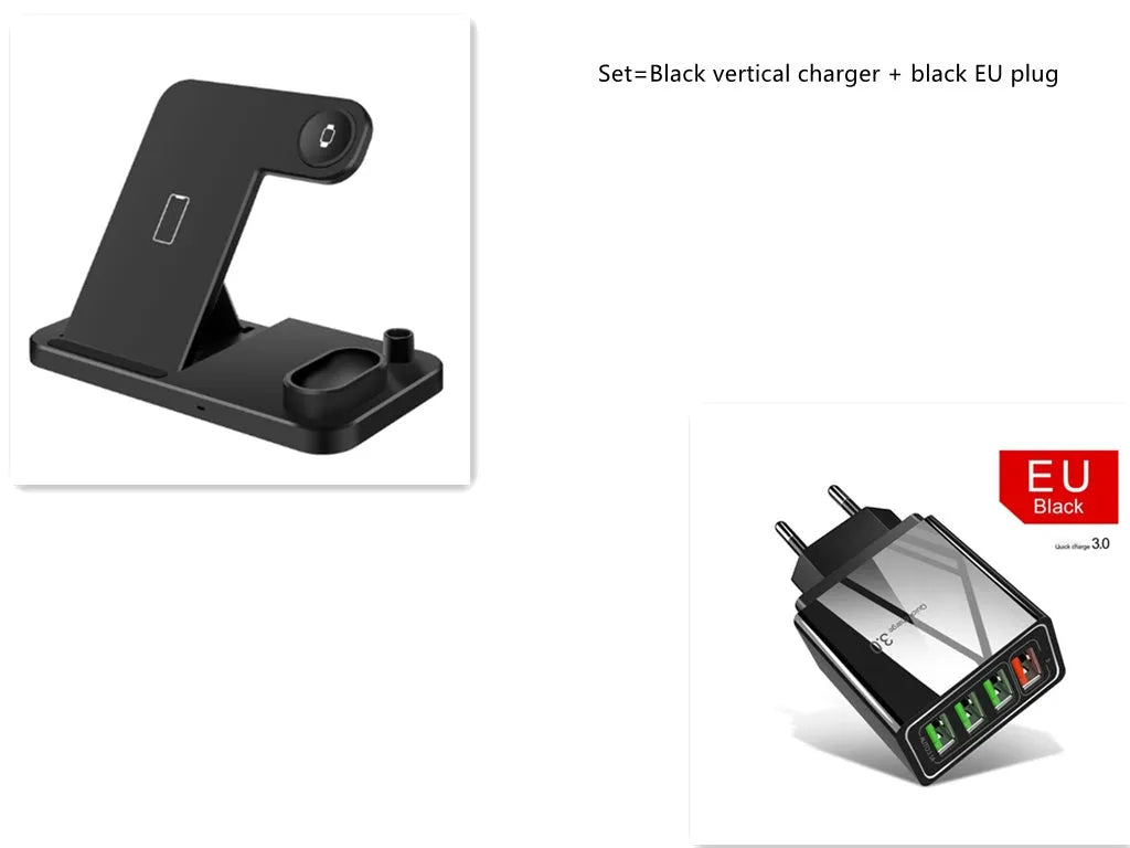 4-in-1 wireless charging station with adjustable phone stand charging multiple devices