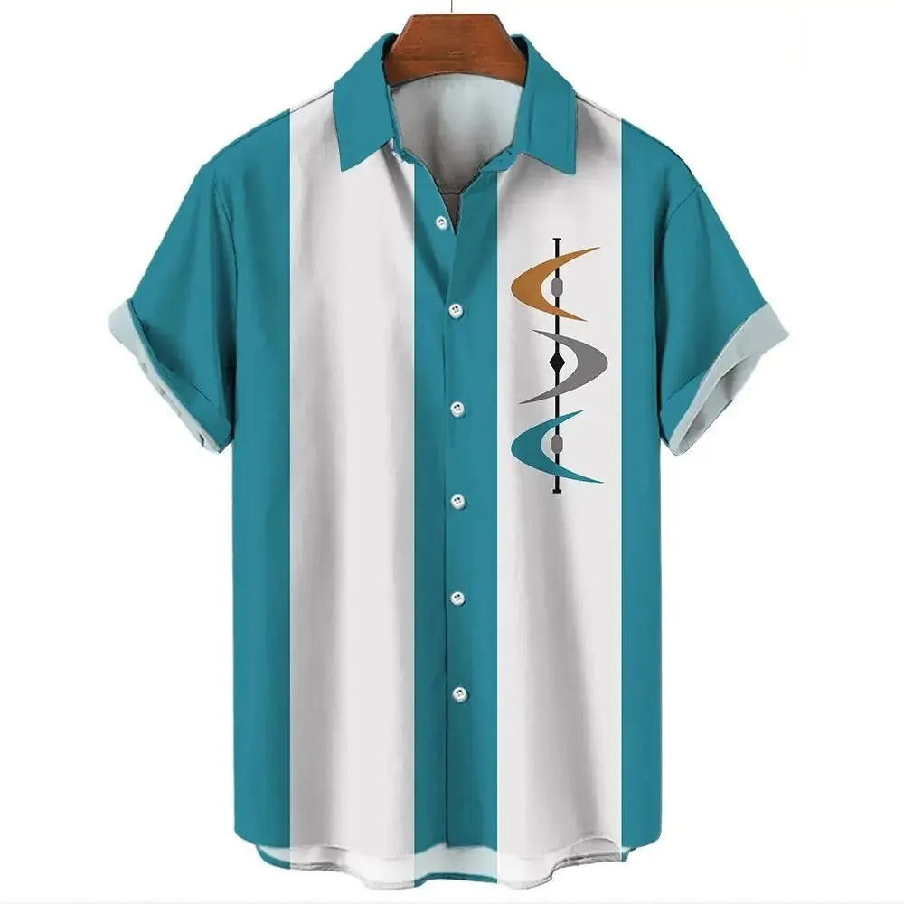 A man's striped Hawaiian short-sleeve shirt in polyester, shown in one of the available colours.