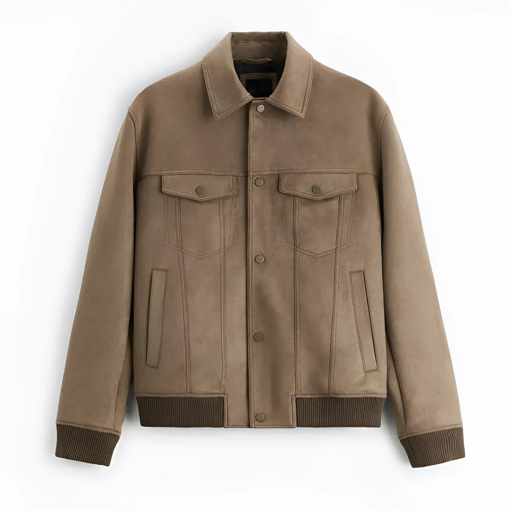 British style long sleeve commuter jacket in soft velvet fabric, available in light gray or mink colours.