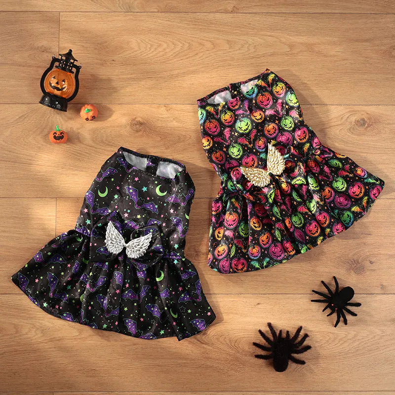 Angel wings Halloween dog costume in bright pumpkin colour, size medium on standing dog