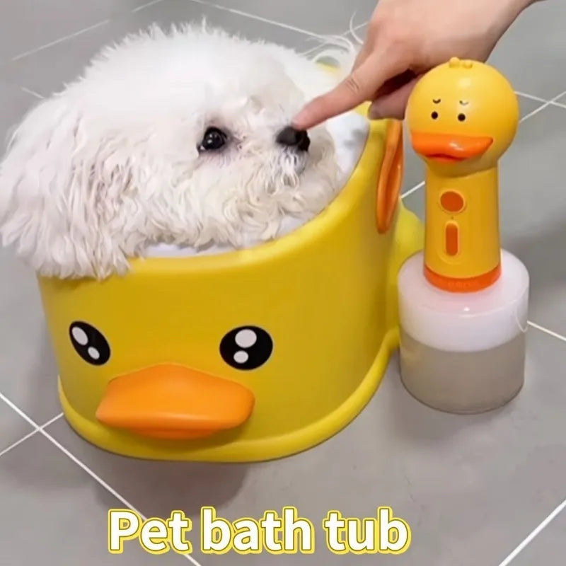 Blue PVC duck-shaped bathtub for washing dogs and cats on a bathroom floor.