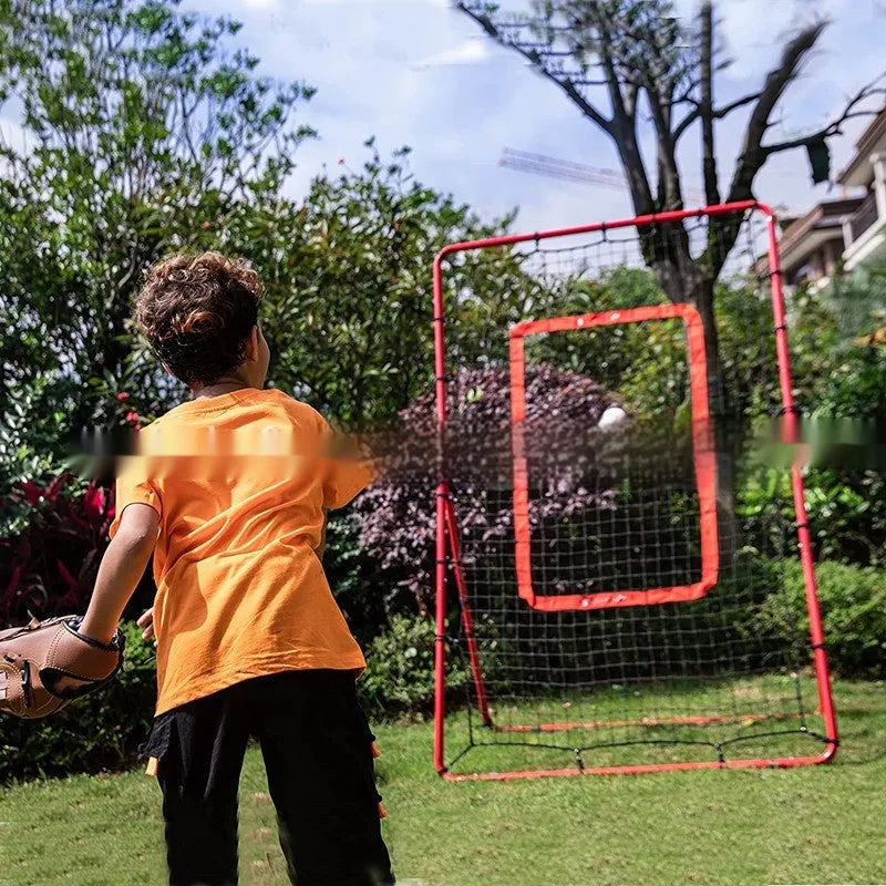Red adjustable portable baseball training net with metal frame