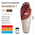 Goose down mummy style sleeping bag for adults with a storage bag.