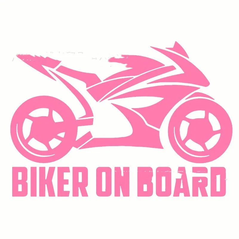 Motorcycle reflective safety sticker in PET material showing two size options: 14×20cm and 10×15cm