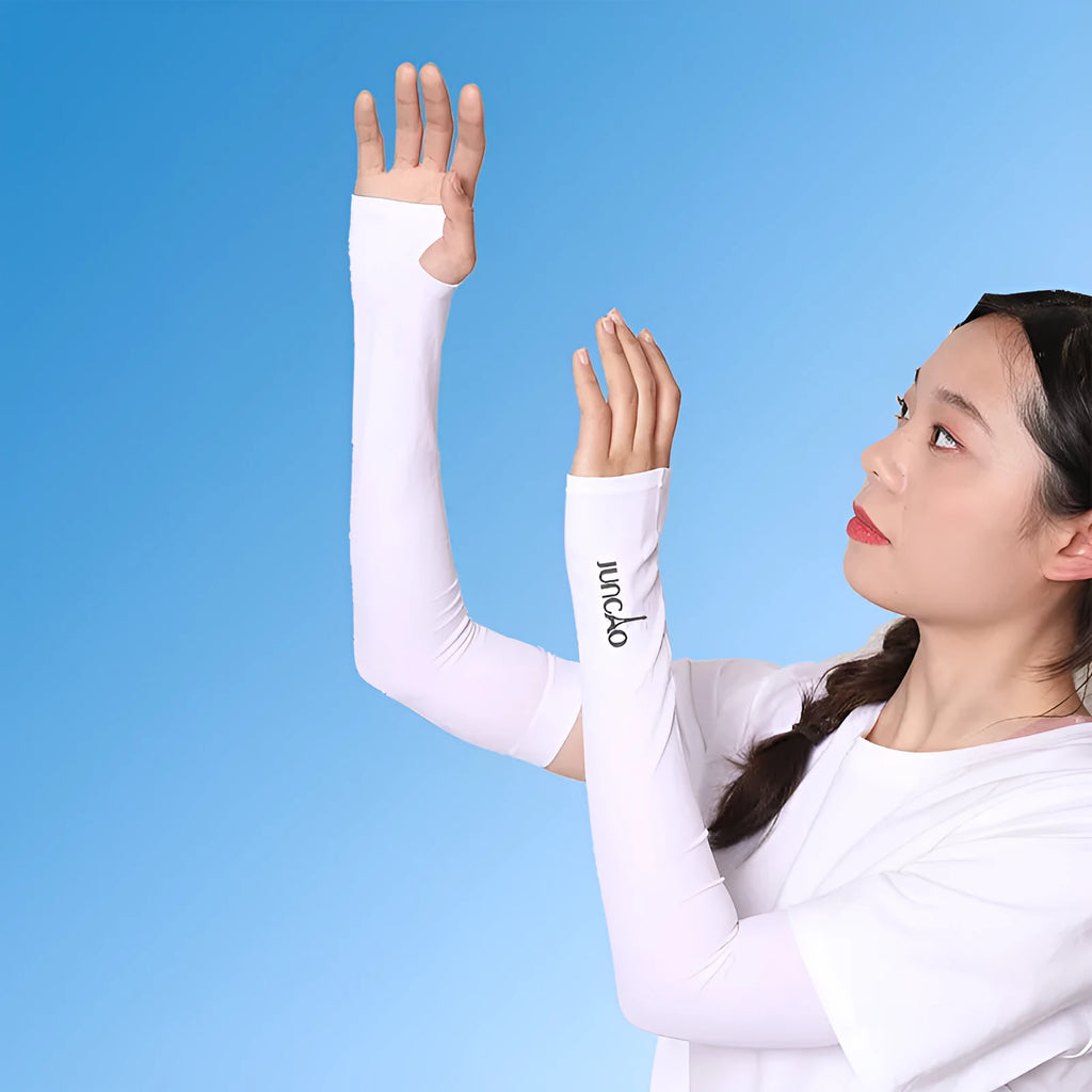 Open-finger nylon sun protection sleeve in a choice of colours on an arm.