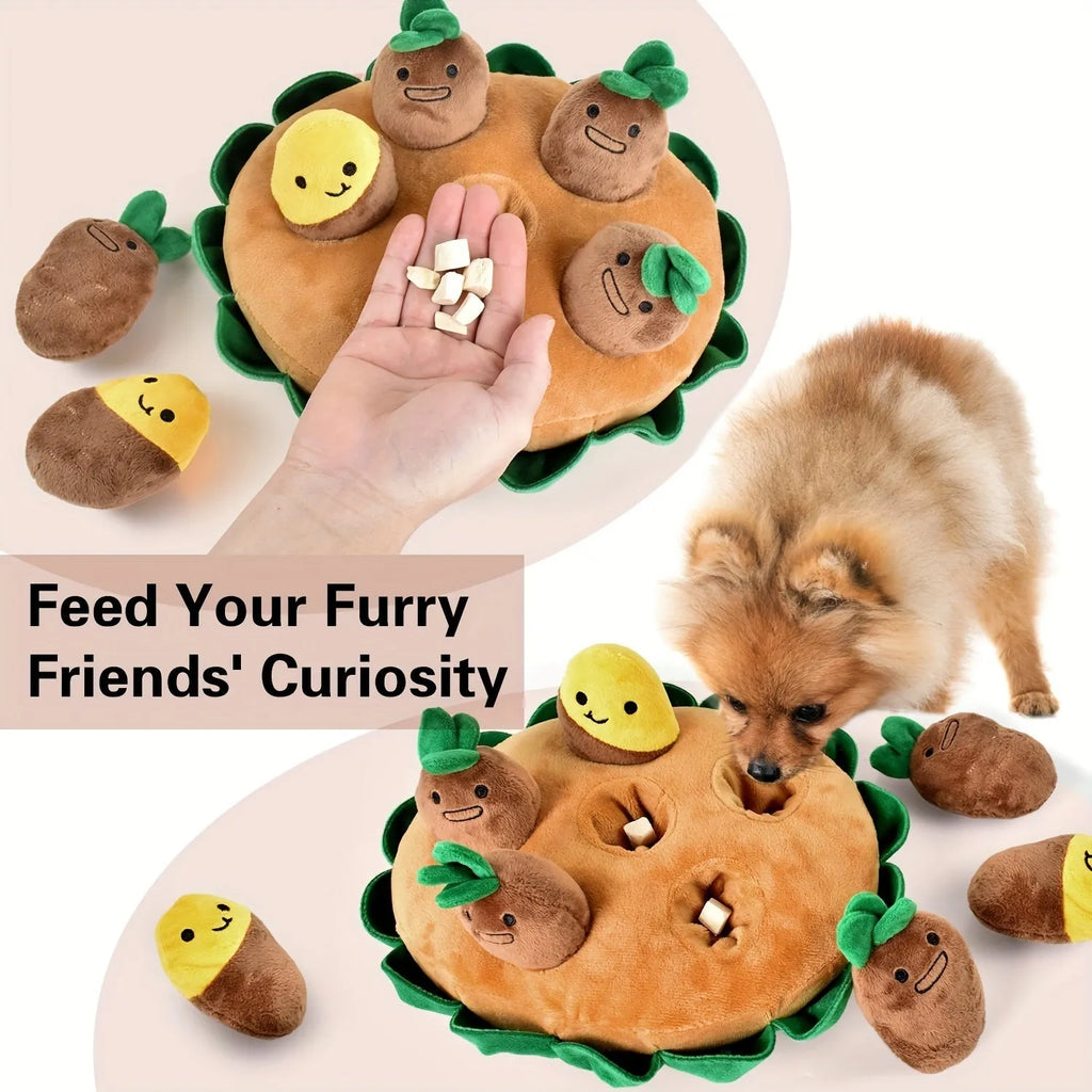Yellow interactive dog puzzle toy pad with four removable squeaky plush toys attached with velcro