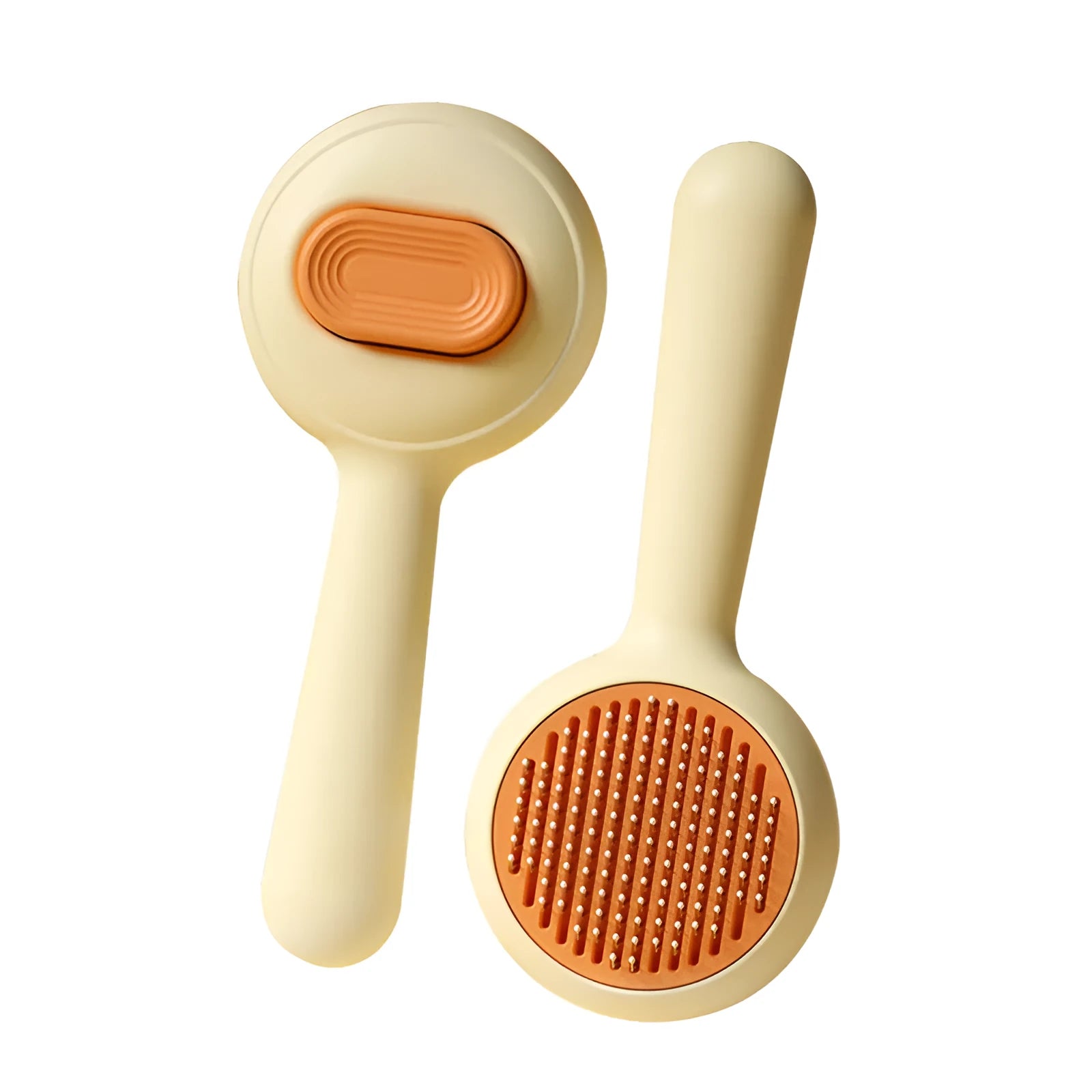 Green and yellow cat grooming brush with stainless steel comb and non-slip silicone handle.