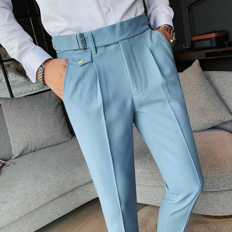 Men's straight-leg casual trousers in polyester fabric showing multiple solid colour options