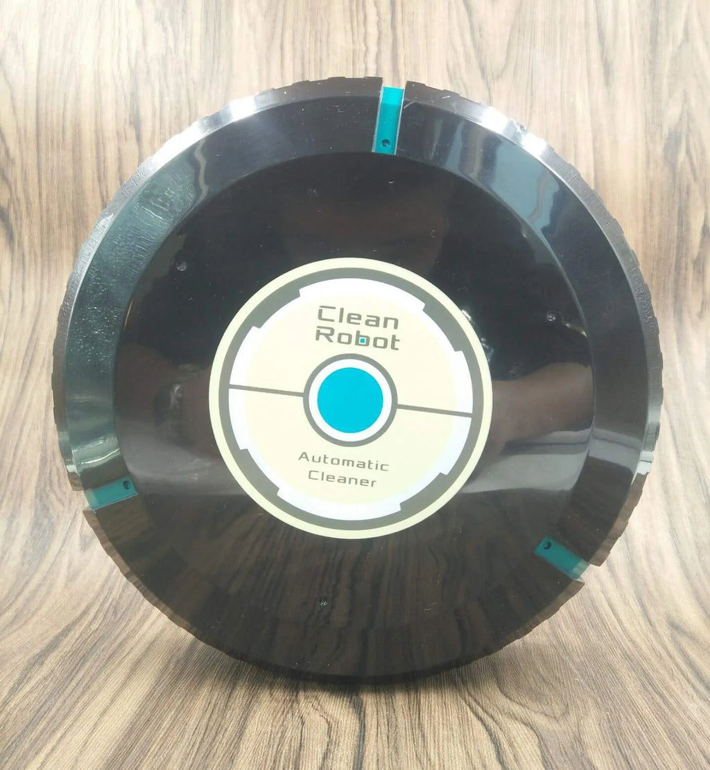 Black and white ABS plastic robot floor sweeper automatic cleaner on wooden floor