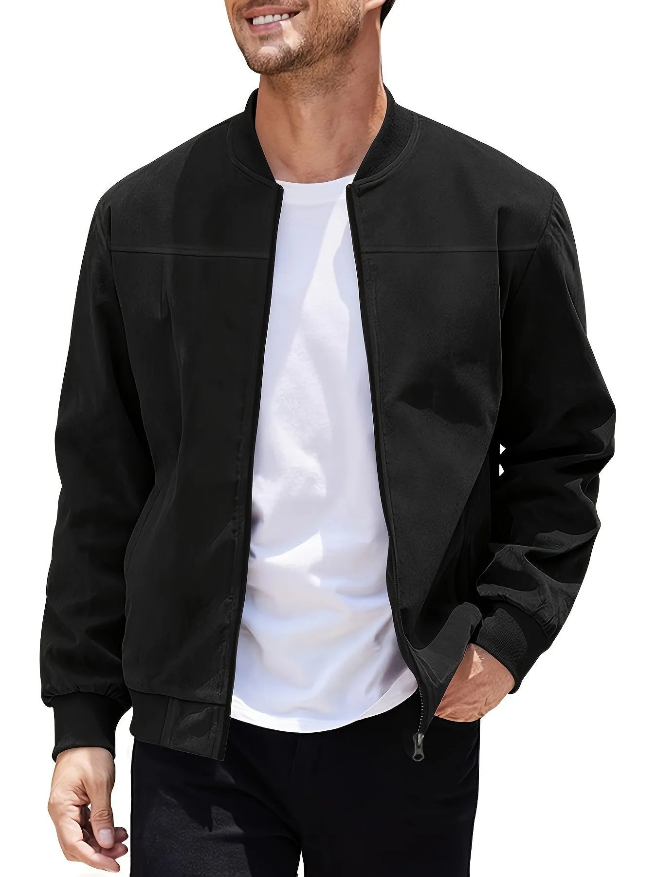 Men's plus size suede zipper jacket in army green with cotton lining, shown in regular fit.