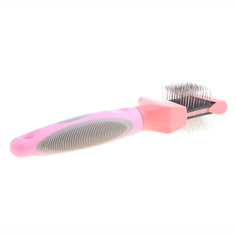Double-sided pet brush with stainless steel pins and blue ergonomic handle for dog and cat grooming