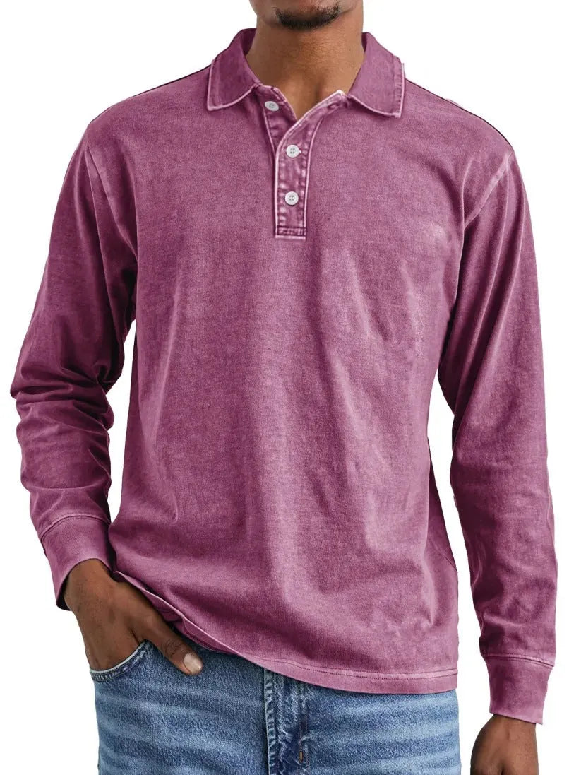 Man wearing a retro washed distressed cotton lapel long sleeve polo shirt in army green.