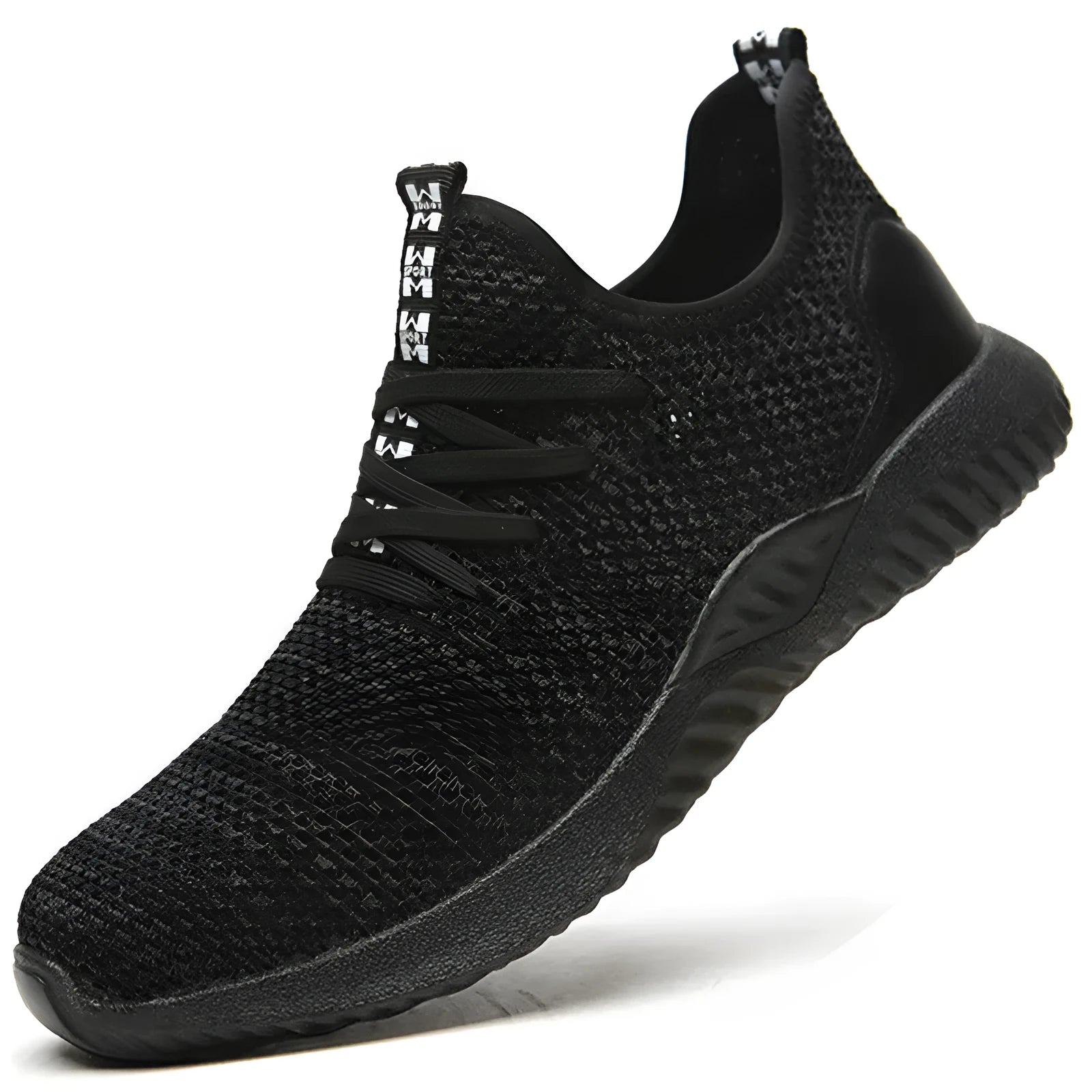 Men's black safety work shoes with steel toe caps and low-cut design for industrial use