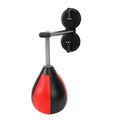 Pear-shaped inflatable boxing speed ball with double suction cup mount and pump for home training.