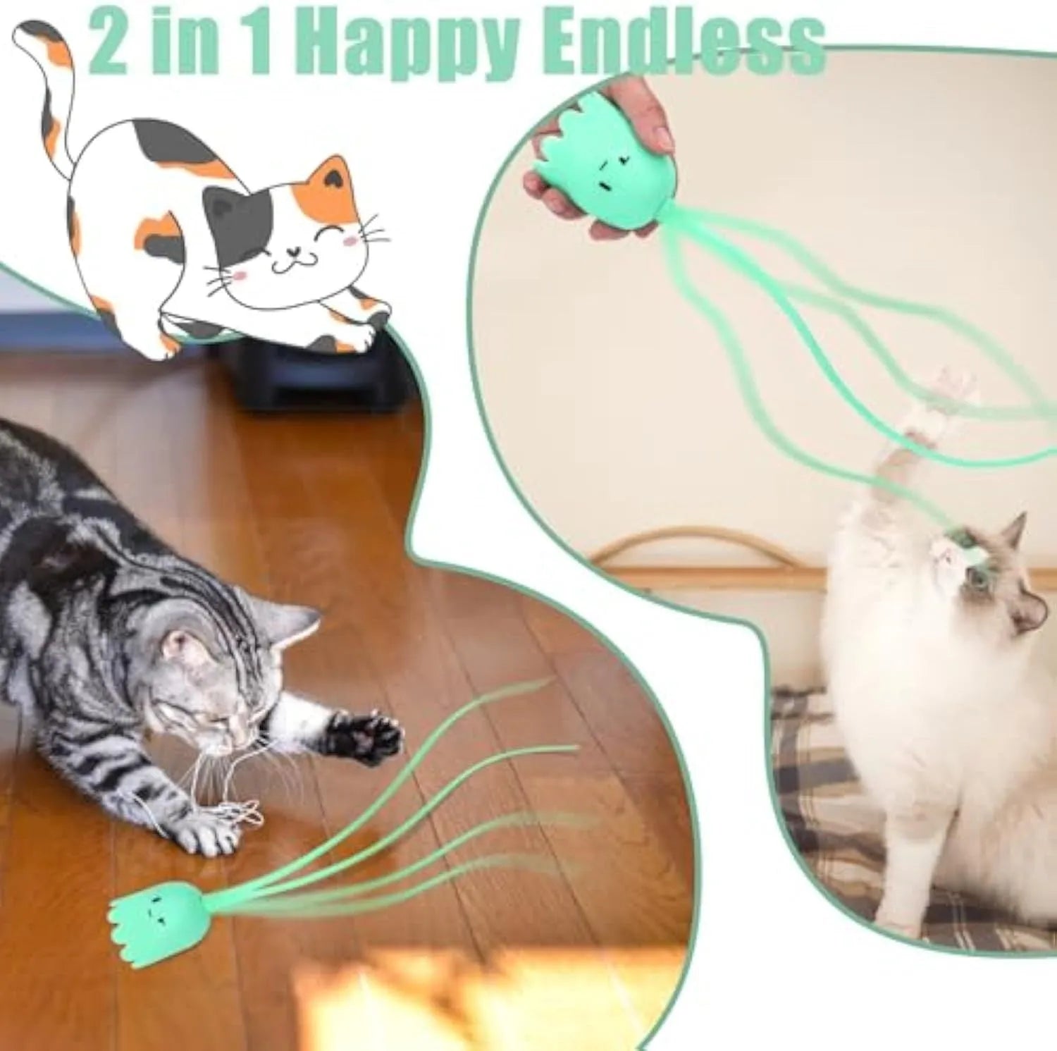 Automatic electronic cat wand toy with green silicone swinging tail for indoor feline play