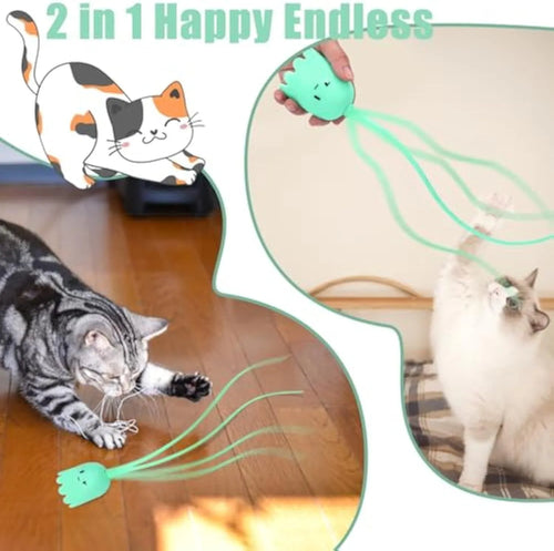 Automatic electronic cat wand toy with green silicone swinging tail for indoor feline play
