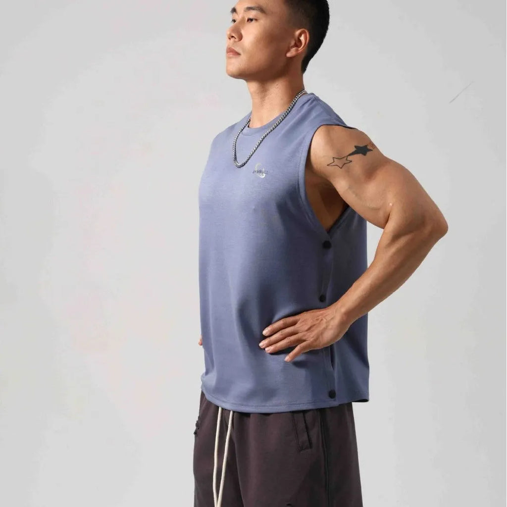 Men's loose cotton fitness vest with hidden hook side openings in black Korean style