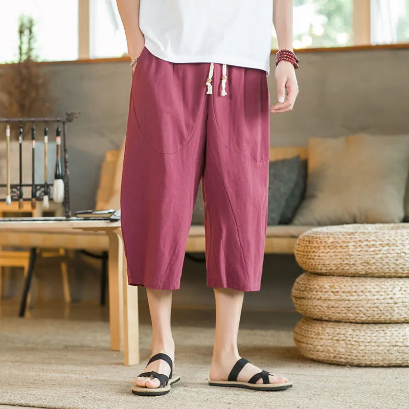Pair of straight-leg skinny fit shorts in linen-cotton blend fabric, shown in khaki colour