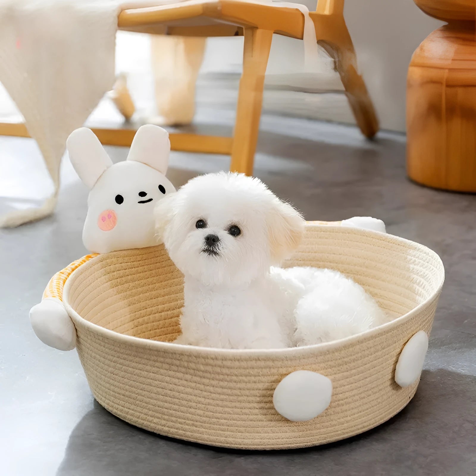 Woven cotton rope basket serving as a cat bed and scratcher in a natural colour.