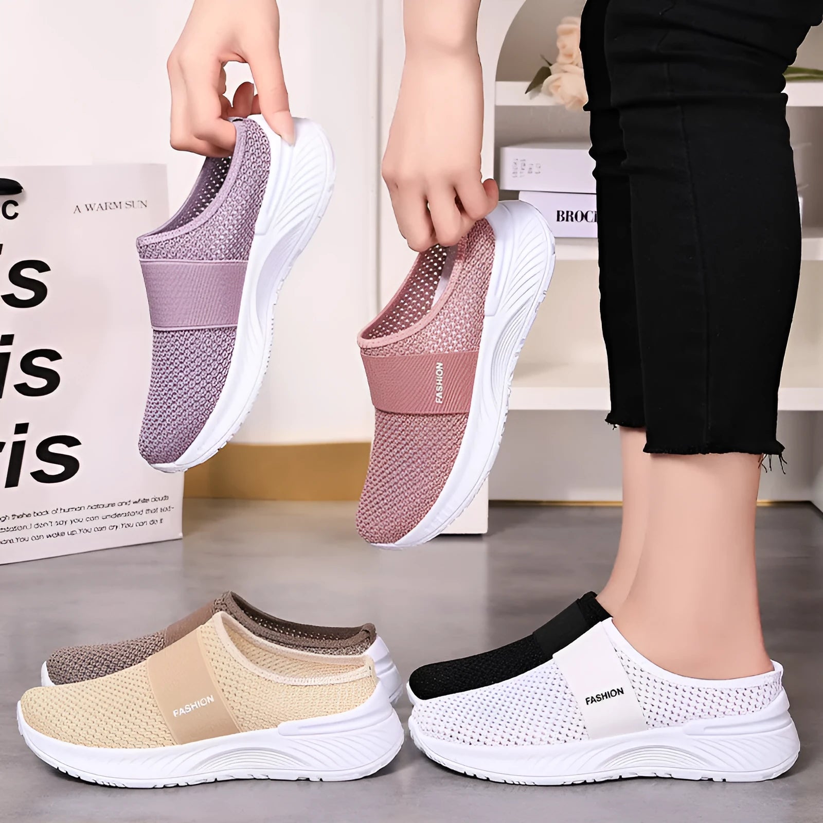 Women's breathable mesh casual shoes in multiple colours, flat heel, round toe, slip-on design