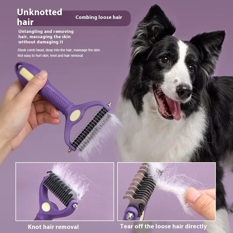 Purple plastic double-sided pet comb with fine and wide teeth for knot removal