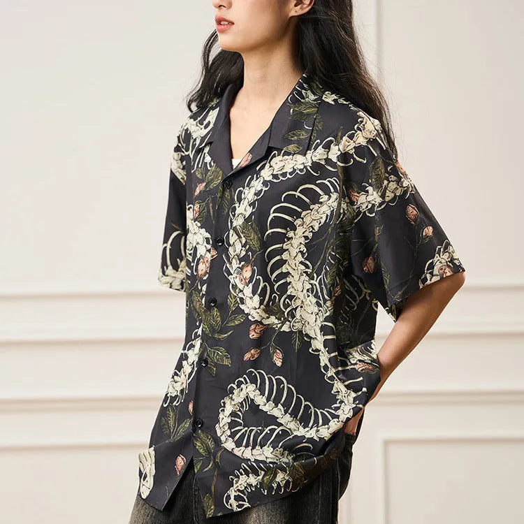 Men's snake bone pattern printed loose Cuban collar short sleeve shirt in colour options.