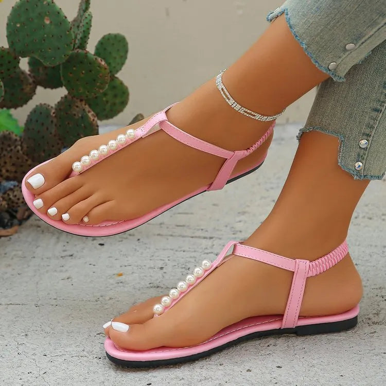 Pearl thong T-strap flat sandals in black with elastic band for women