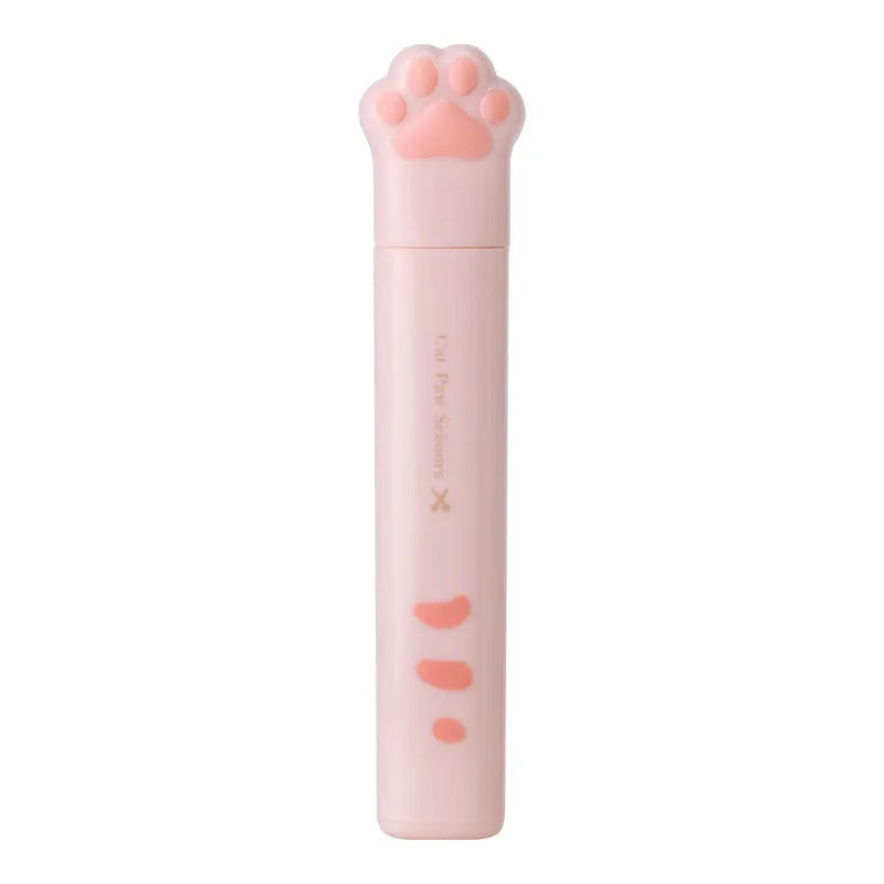 Cat paw mini folding scissors in four colours showing stainless steel blades and compact 8.7cm size