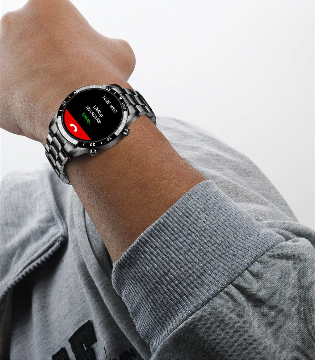 Stainless steel smart watch with black wristband and 1.3 inch touch screen display