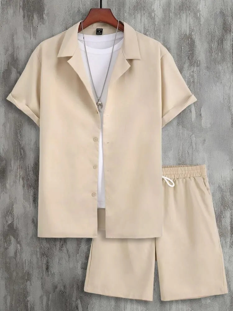 Men's white short sleeve Cuban collar sport shirt and matching shorts laid flat.