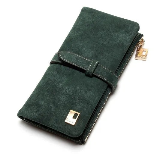 Korean style retro long women's wallet open showing multiple compartments and phone pouch