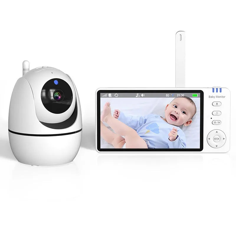 White 5-inch HD wireless baby monitor and camera on a nursery shelf.