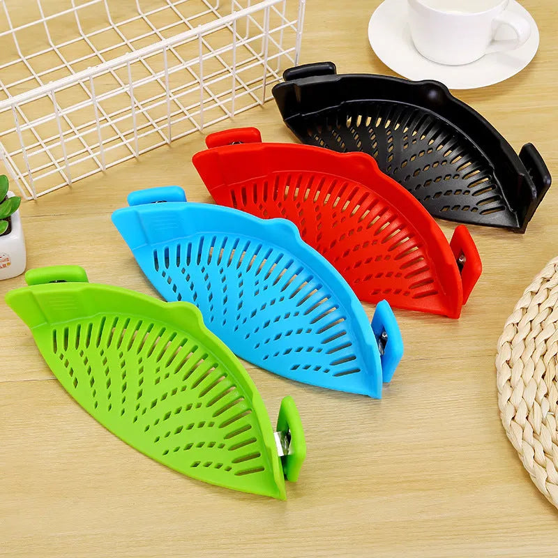 Silicone clip-on kitchen funnel strainer for draining liquids from pots with buckle attachment